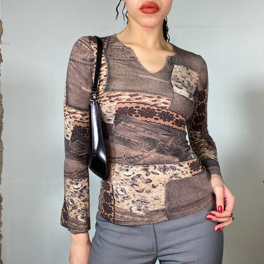 Vintage 90's Downtown Girl Brown Longsleeve with Patchwork Print (S)