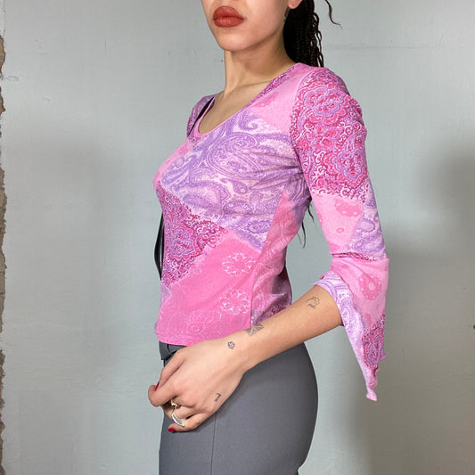 Vintage 2000's Indie Pink Paisley Print mIdi Sleeve Top (S)