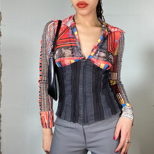 Vintage 2000's Save the Queen Multicolor Blouse With Black Waist Corset and Front Zipper (S)