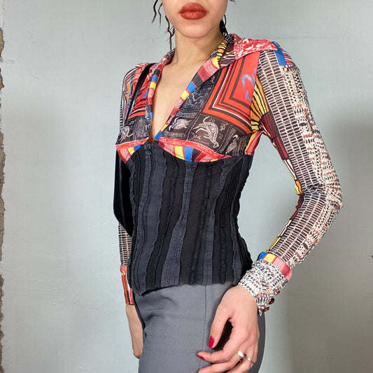 Vintage 2000's Save the Queen Multicolor Blouse With Black Waist Corset and Front Zipper (S)