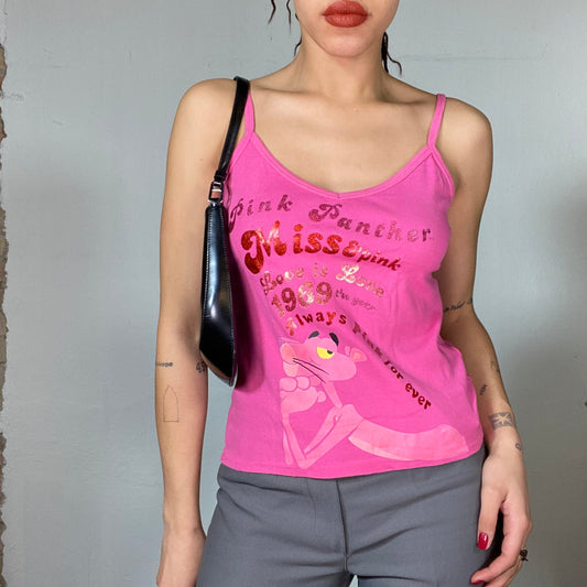 Vintage 2000's Skater Hot Pink Tank Top with Pink Panter Print (S/M)