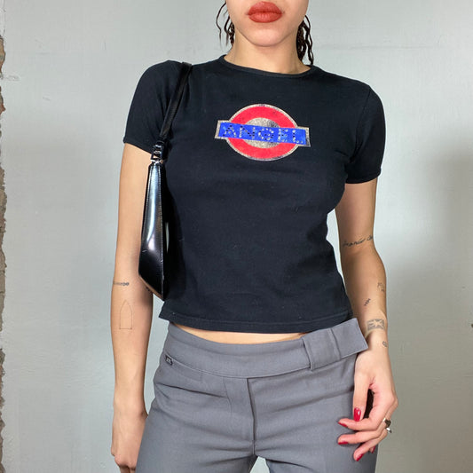 Vintage 90's Model Off Duty Black Shirt with 'Angel' Metro Sign Print (S)