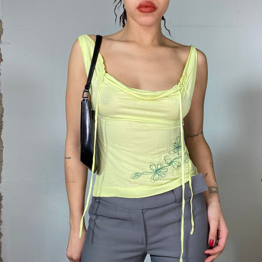 Vintage 90's Model Off Duty Lime Green Top with Flower Embroidery (S)