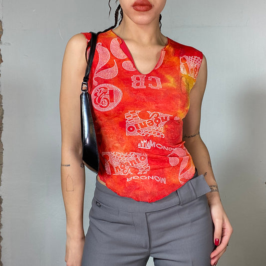 Vintage 90's Funky Orange/Yellow Batik Top with White Print (S)