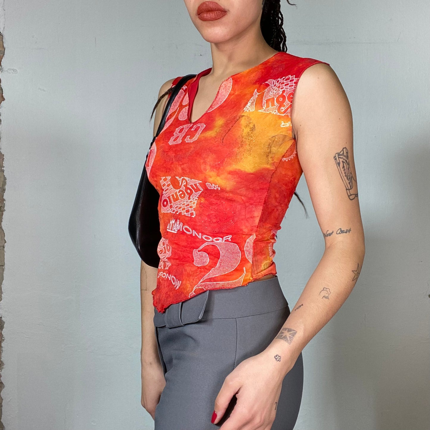 Vintage 90's Funky Orange/Yellow Batik Top with White Print (S)