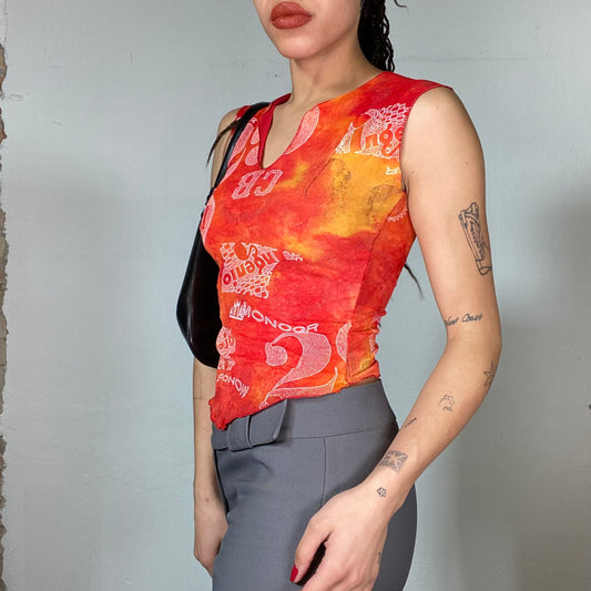 Vintage 90's Funky Orange/Yellow Batik Top with White Print (S)