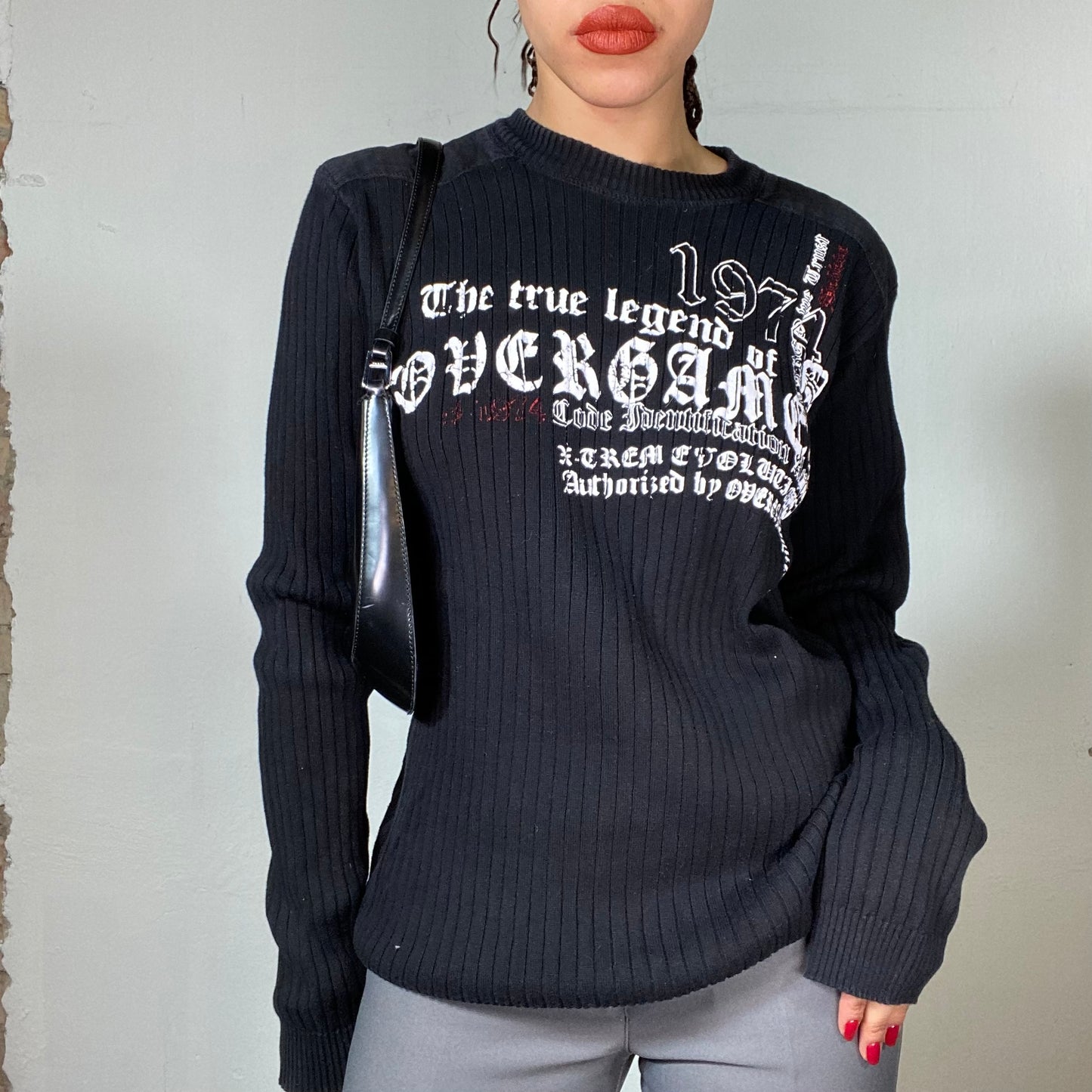 Vintage 90's Grunge Black Ribbed Knit Sweater with Goth Writing Print (M)