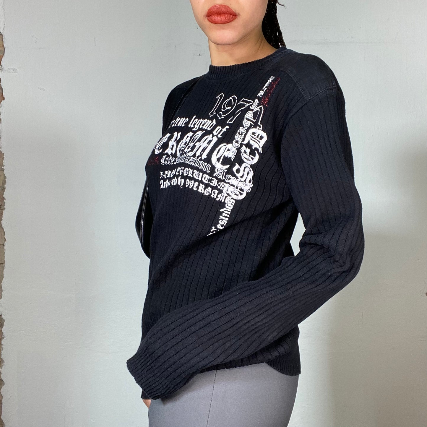 Vintage 90's Grunge Black Ribbed Knit Sweater with Goth Writing Print (M)