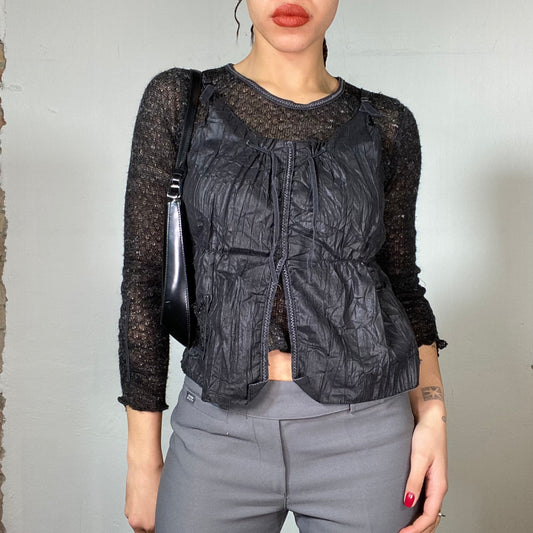 Vintage 2000's Cyber Black Knit Longsleeve with Wrinkly Blouse Attached (S)