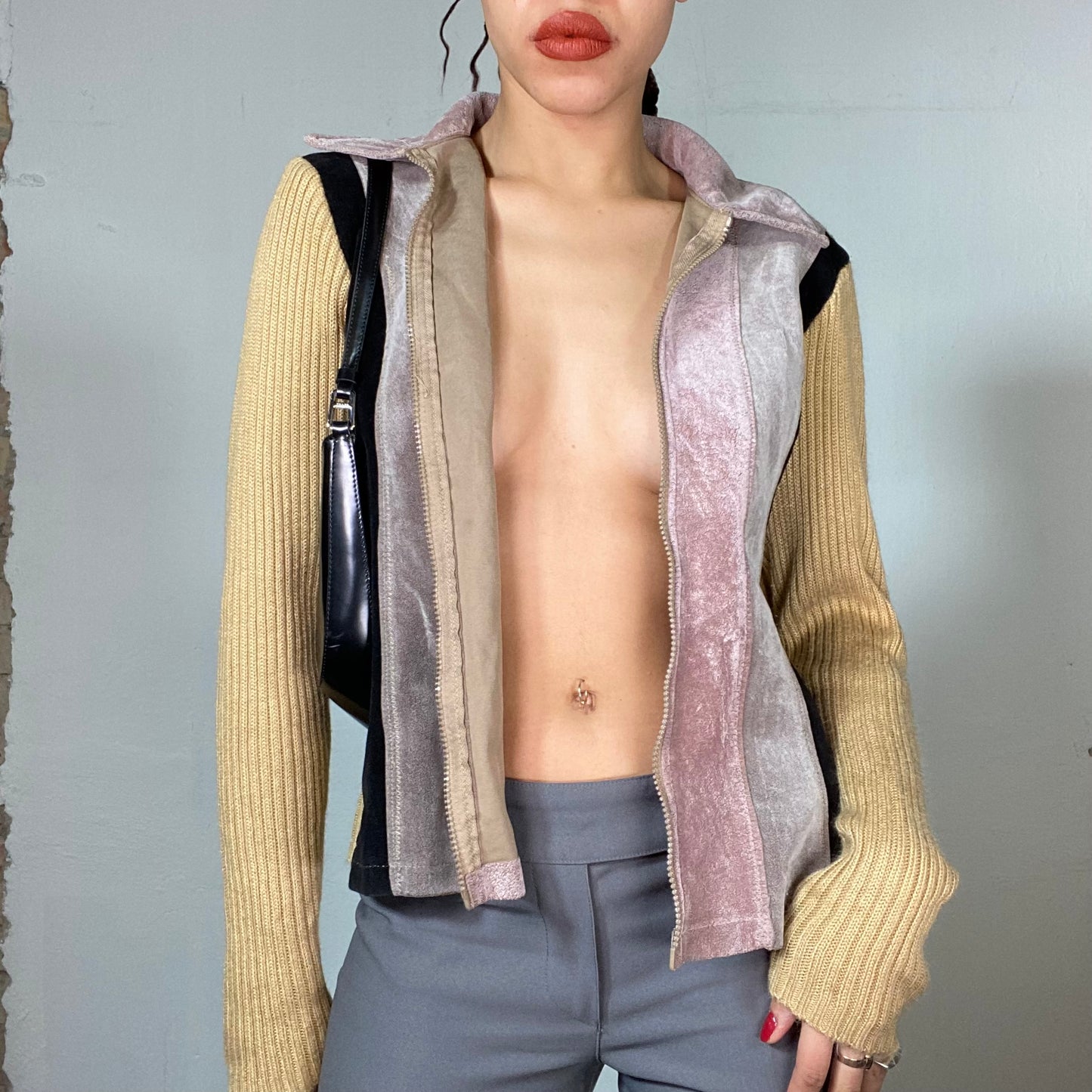 Vintage 90's Downtown Girl Beige and Pink Patchwork Light Jacket with Suede Details (M)