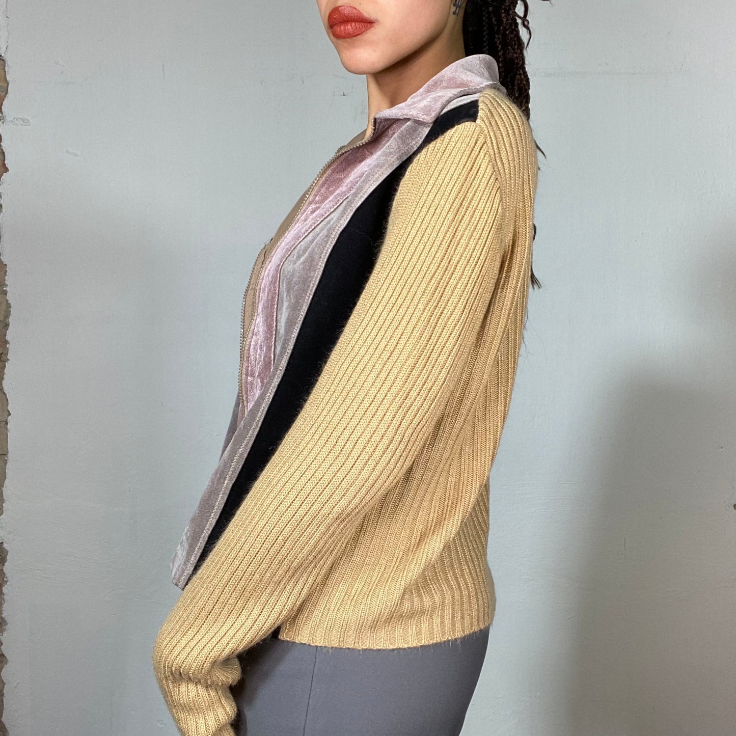 Vintage 90's Downtown Girl Beige and Pink Patchwork Light Jacket with Suede Details (M)