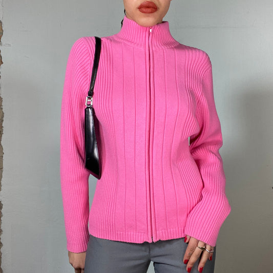 Vintage 2000's Sporty Hot Pink Ribbed Knit Zip Up Sweater (S/M)