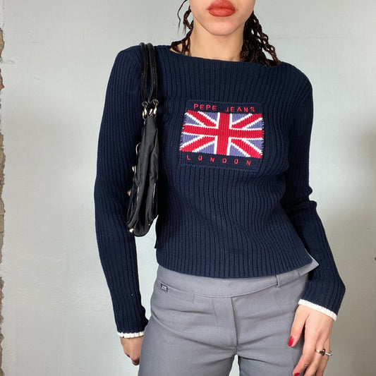 Vintage 90's Pepe Jeans Navy Blue Ribbed Knit Sweater with UK Flag Print (S/M)