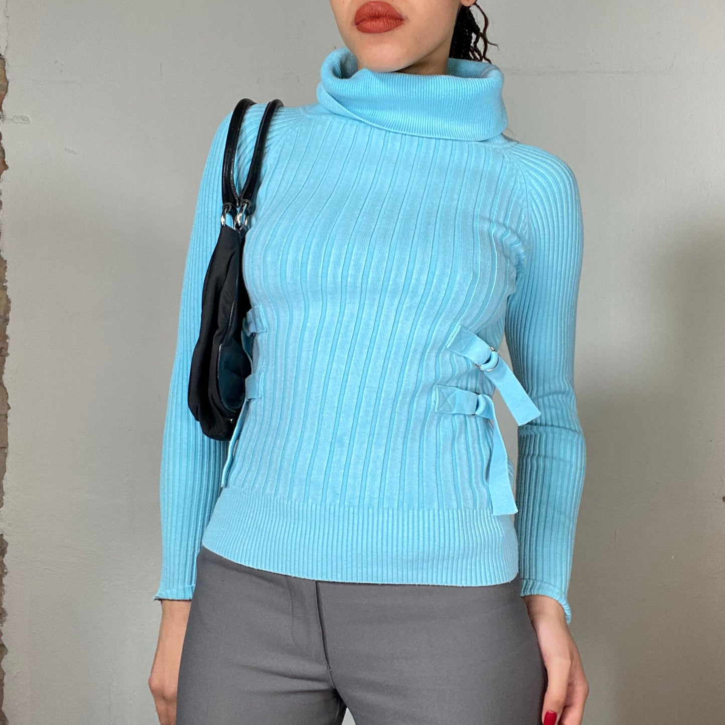 Vintage 2000's Funky Turquoise Ribbed Knit Sweater with Waist Belt Details (S/M)