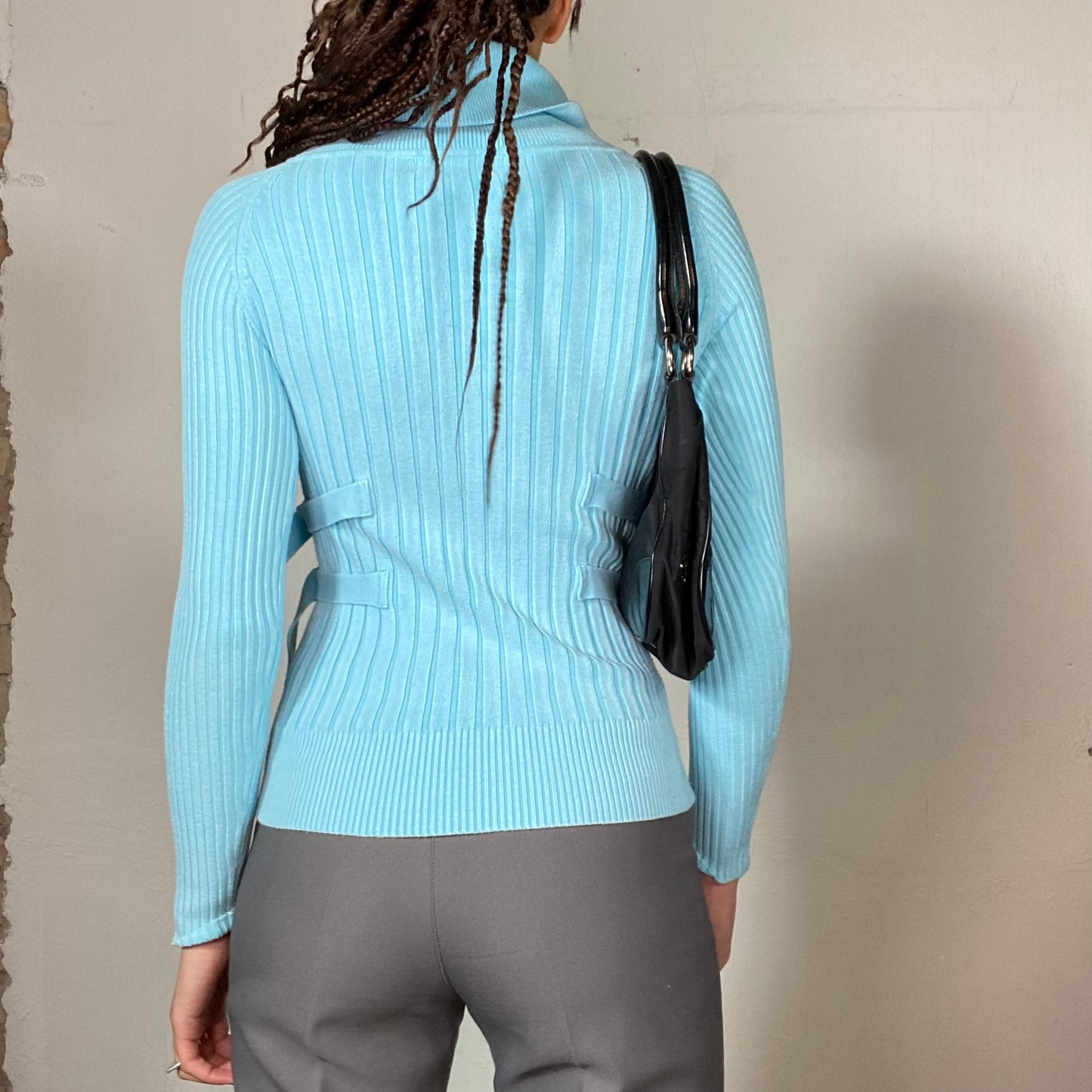 Vintage 2000's Funky Turquoise Ribbed Knit Sweater with Waist Belt Details (S/M)