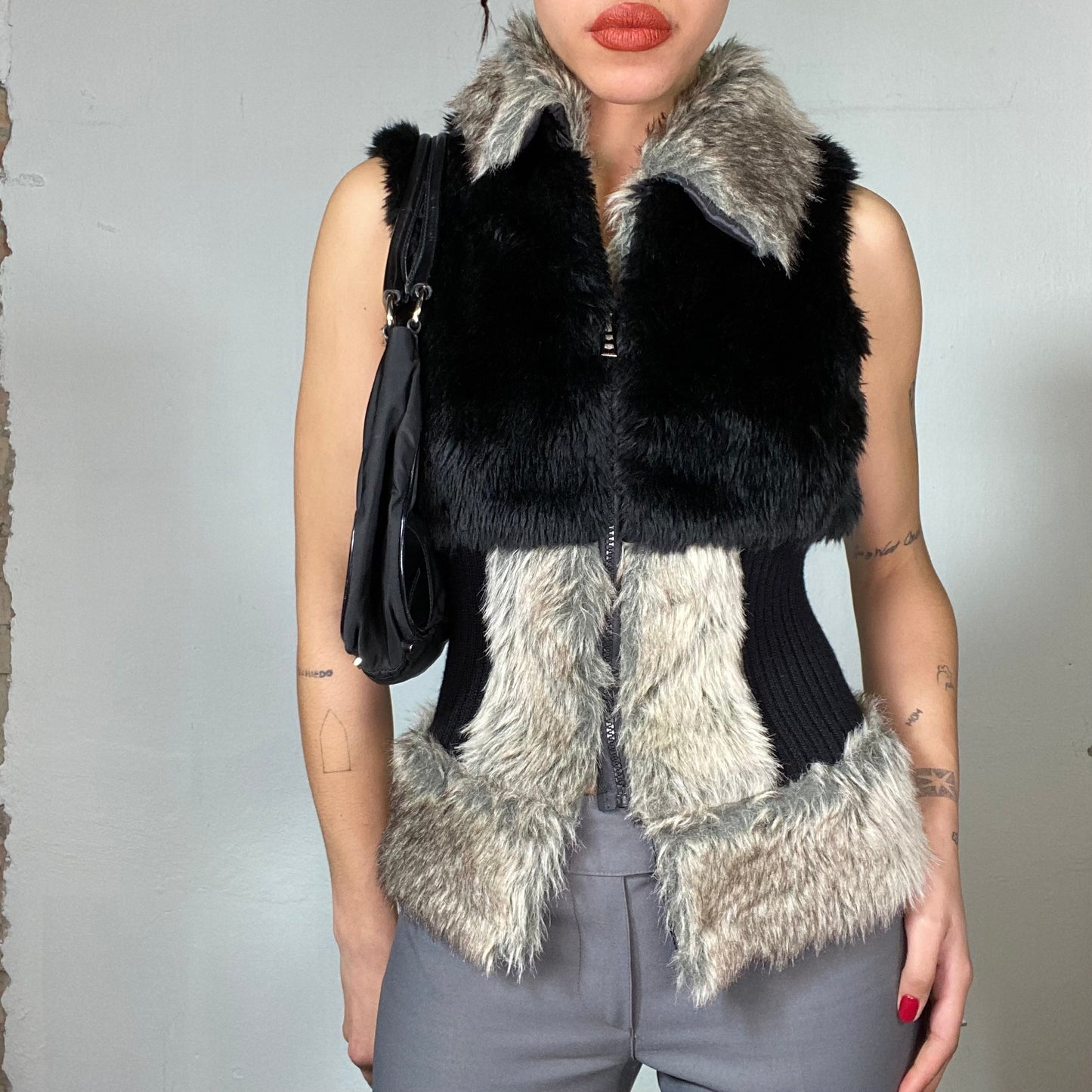 Vintage 90's Downtown Girl Brown and Beige Faux Fur Vest with Knit Waist Part (S)