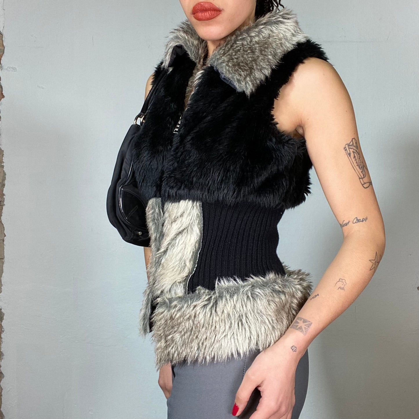 Vintage 90's Downtown Girl Brown and Beige Faux Fur Vest with Knit Waist Part (S)