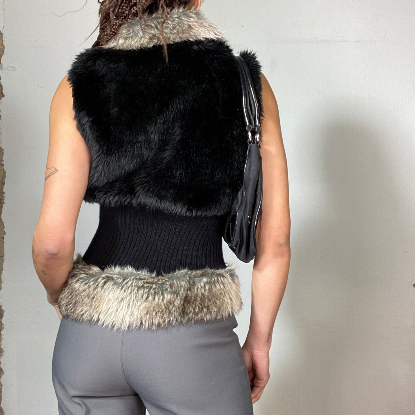 Vintage 90's Downtown Girl Brown and Beige Faux Fur Vest with Knit Waist Part (S)