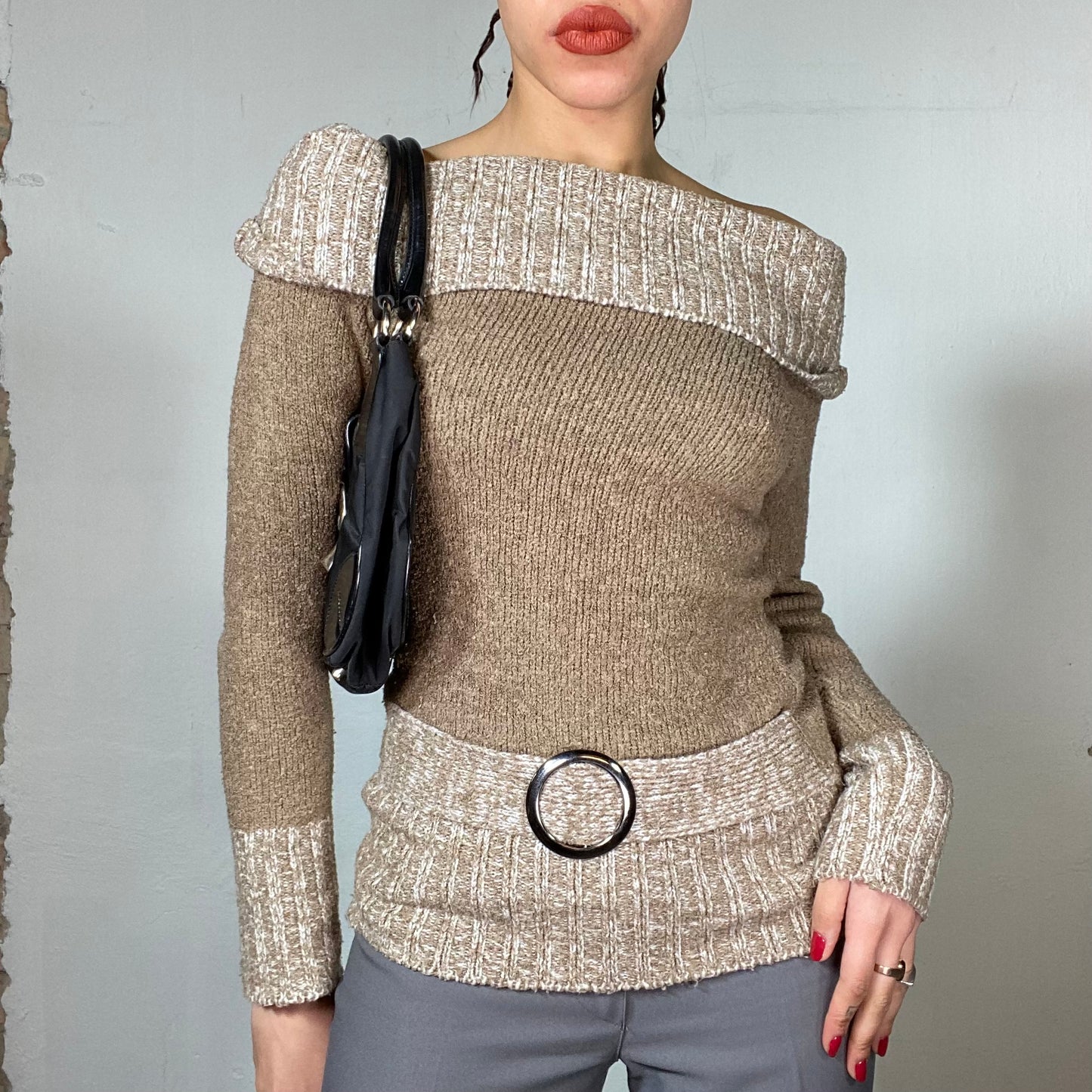 Vintage 2000's Model Off Duty Beige off Shoulder Knit Sweater with Buckle Detail (S)