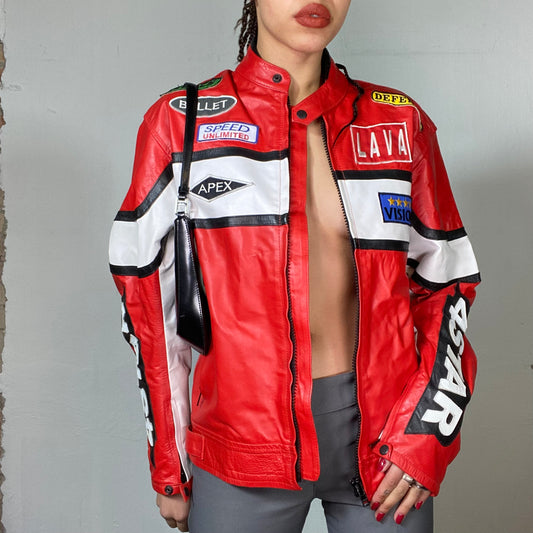 Vintage 90's Bella Hadid Red Leather Racer Jacket (M)