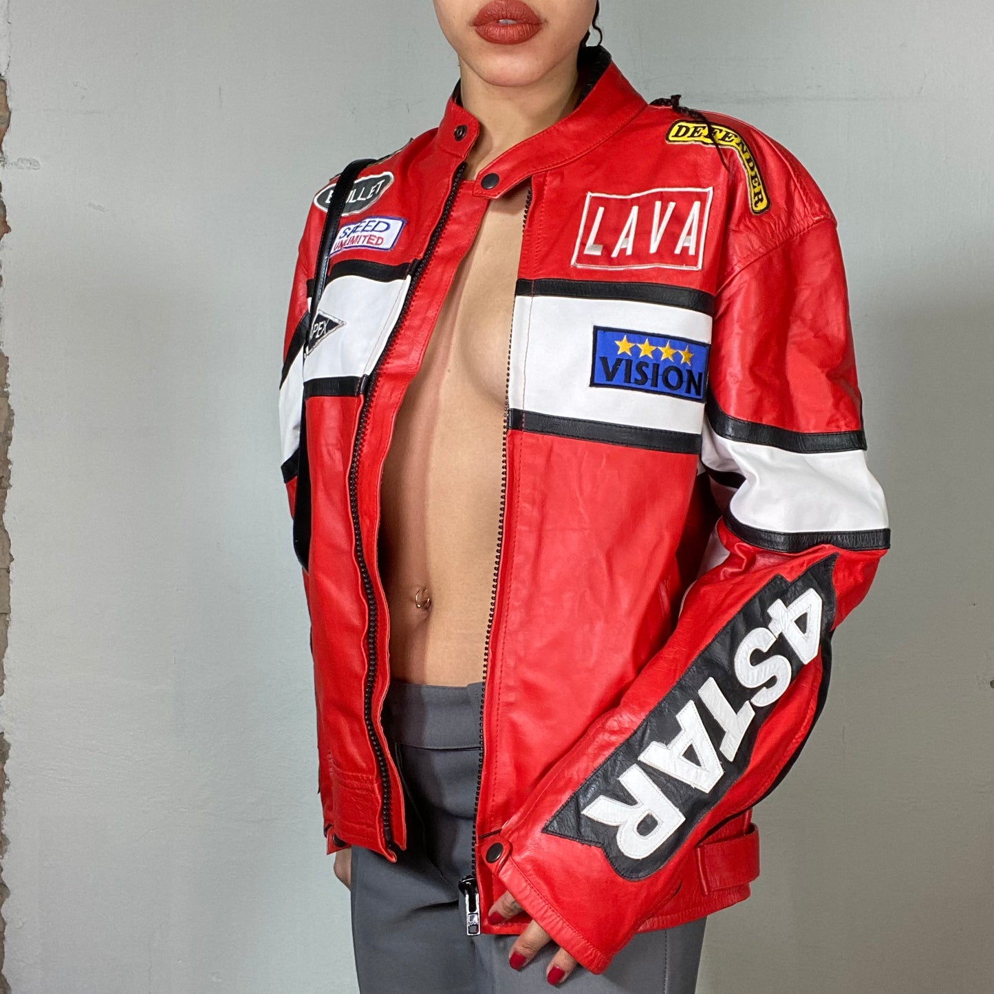 Vintage 90's Bella Hadid Red Leather Racer Jacket (M)