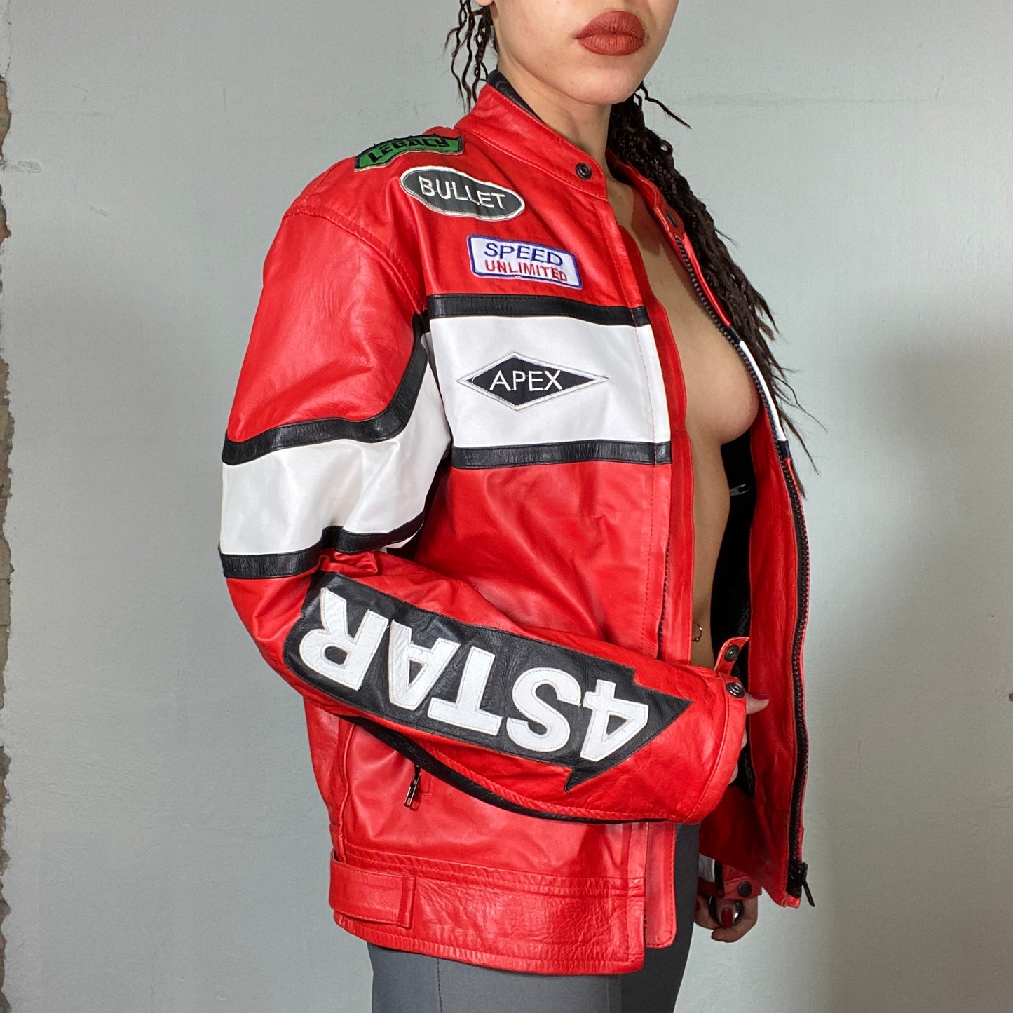 Vintage 90's Bella Hadid Red Leather Racer Jacket (M)