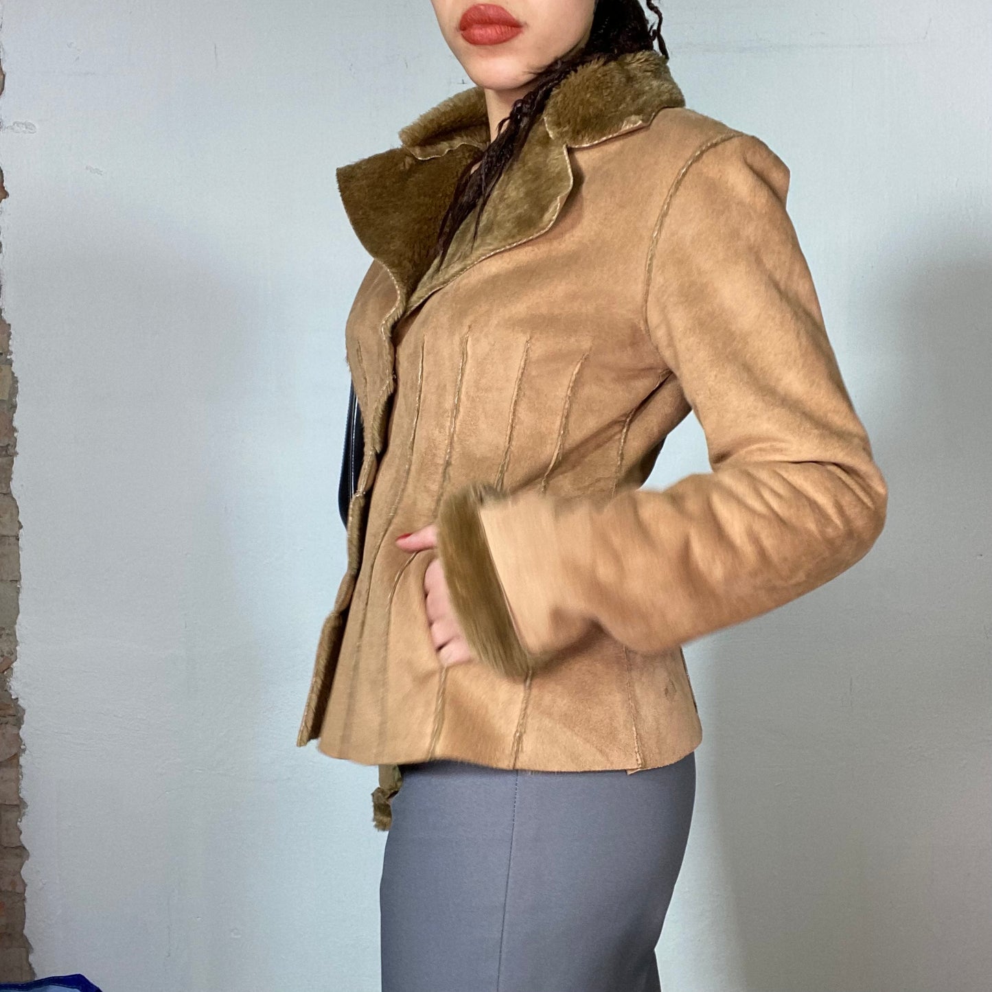 Vintage 90's Downtown Girl Brown Suede Jacket with Faux Fur Trim (S)