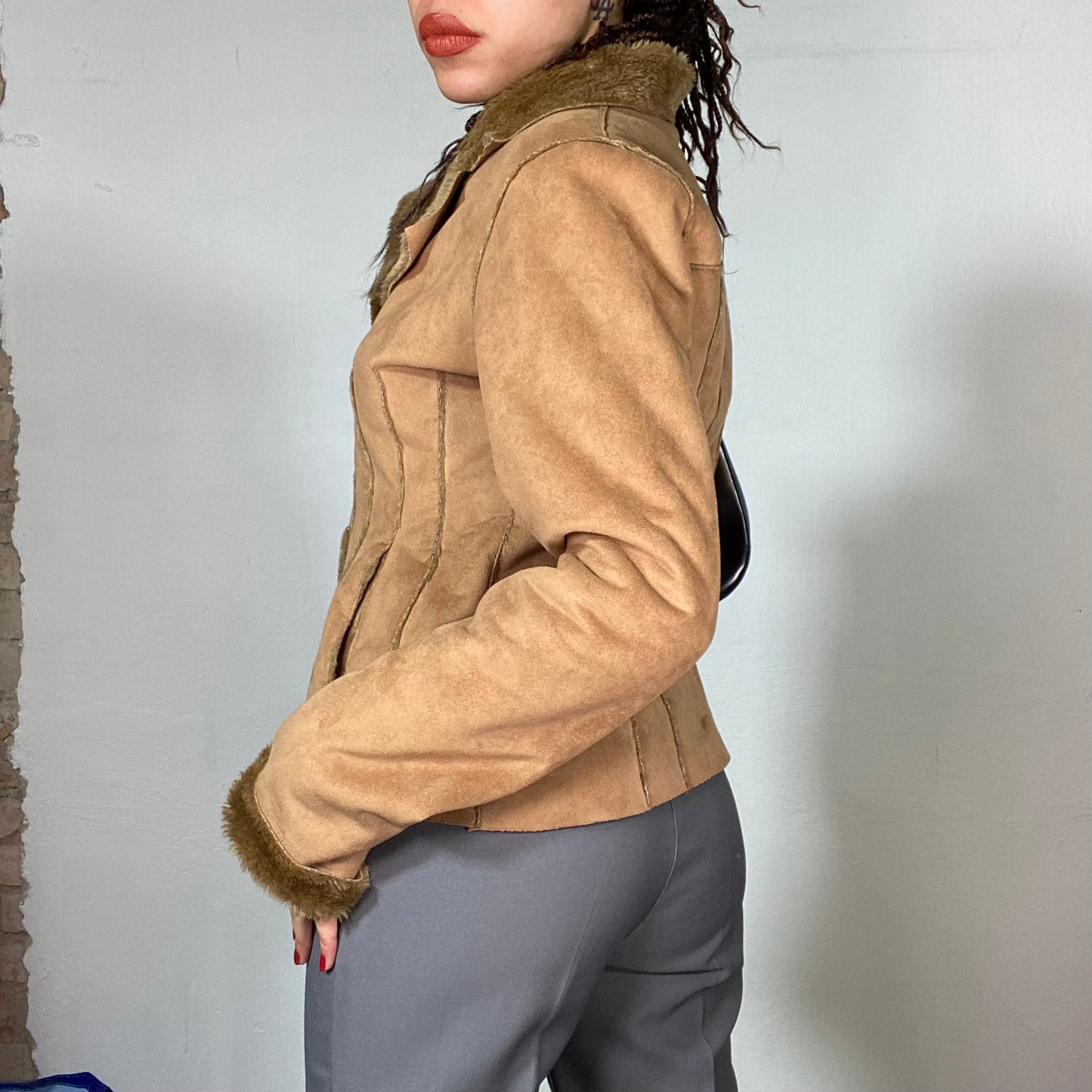 Vintage 90's Downtown Girl Brown Suede Jacket with Faux Fur Trim (S)