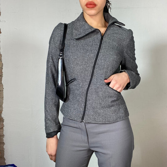 Vintage 2000's Classic Grey Asymmetrical Light Blazer Jacket with Zipper (S)