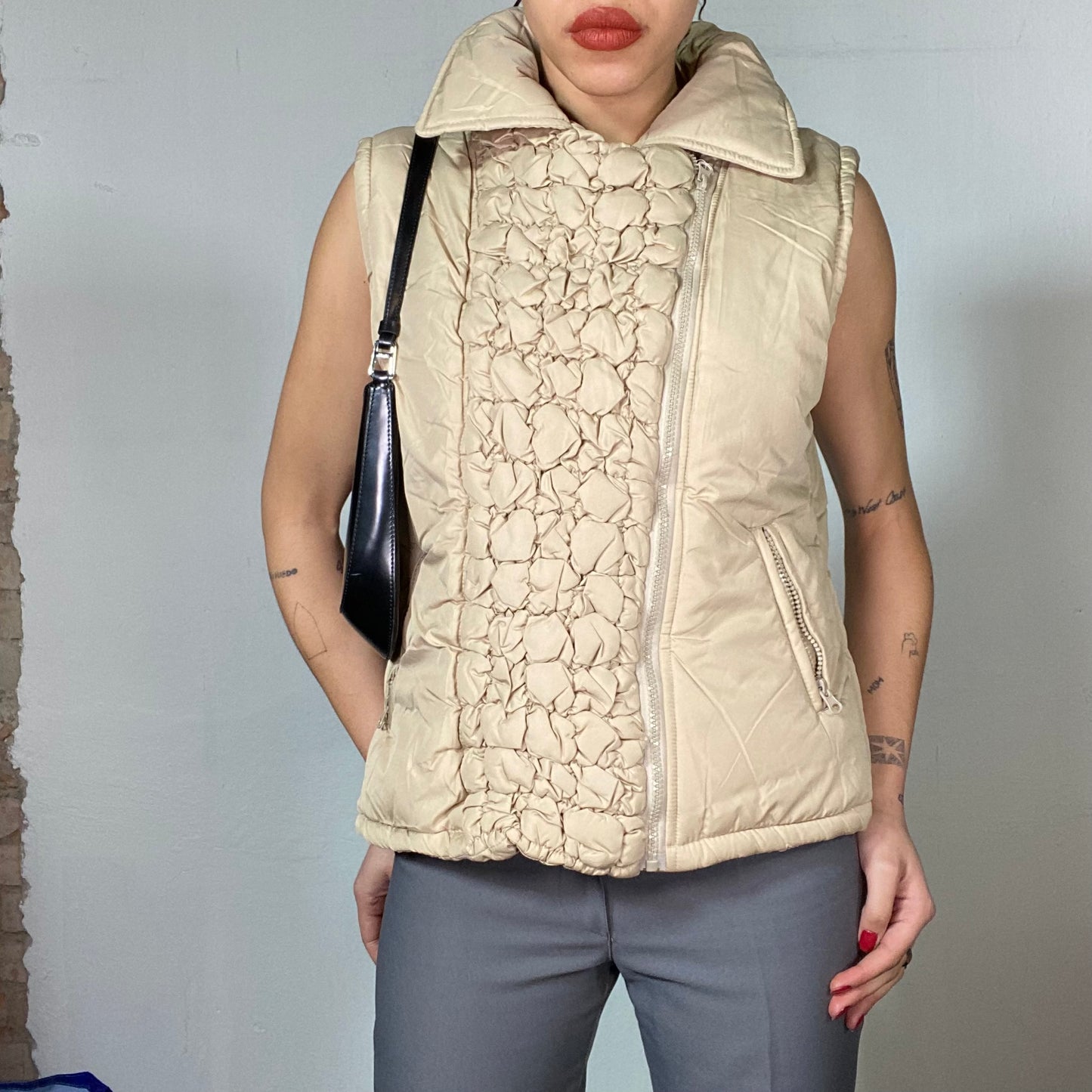 Vintage 2000's Whimsigoth Beige Puffer Vest with Ruffle Front Part and Zipper (S/M)