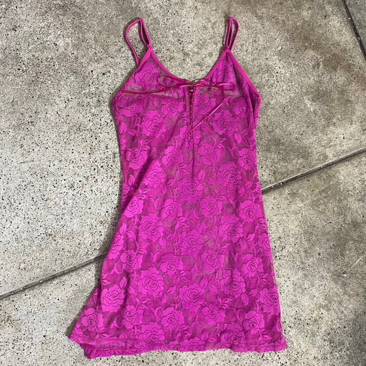 Vintage 2000's Romantic Hot Pink Lace Cami Dress with Lace Up Detail (S)