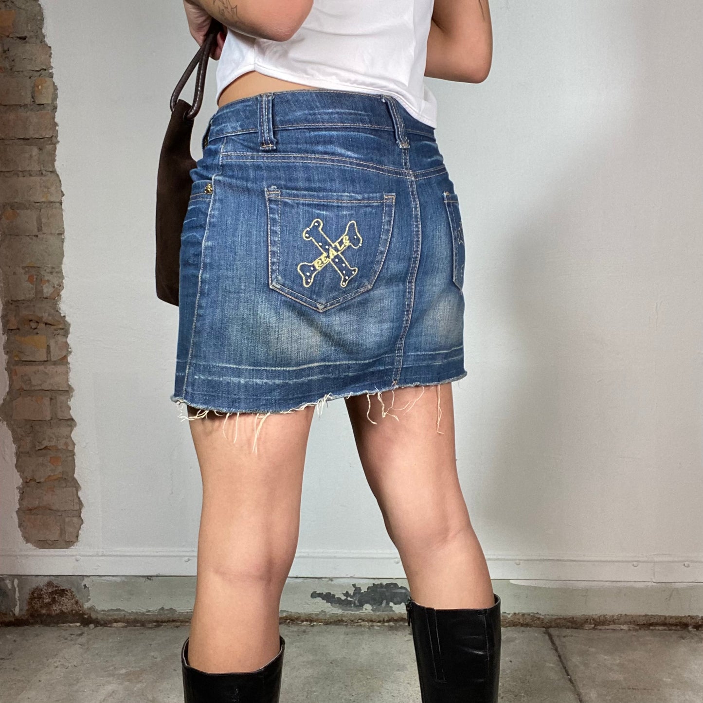 Vintage 90's Downtown Girl Denim Mini Skirt with Gold Embroidery Details (S/M)