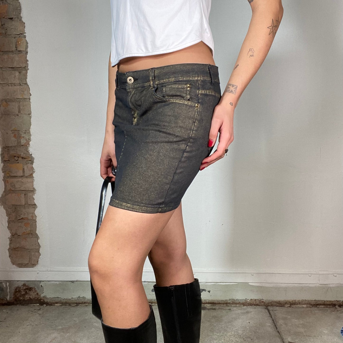 Vintage 2000's Sleaze Gold Shimmery Mini Skirt with Stud Details (S)
