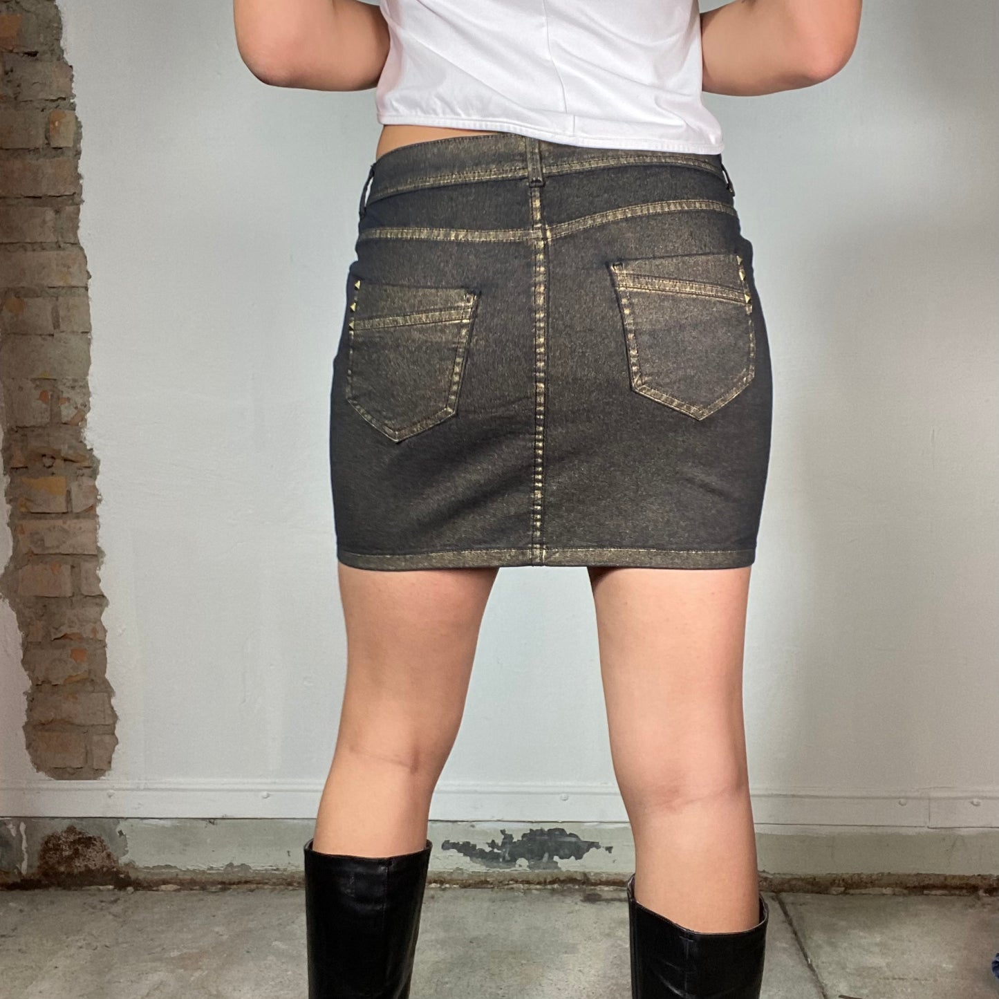 Vintage 2000's Sleaze Gold Shimmery Mini Skirt with Stud Details (S)