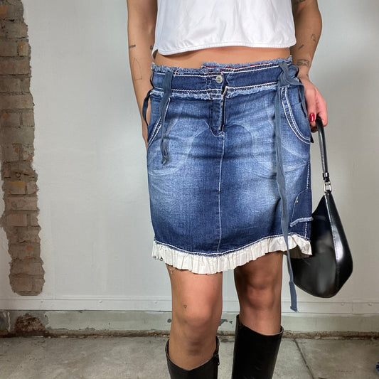 Vintage 2000's Downtown Girl Denim Mini Skirt with White Ruffle Trim (S)