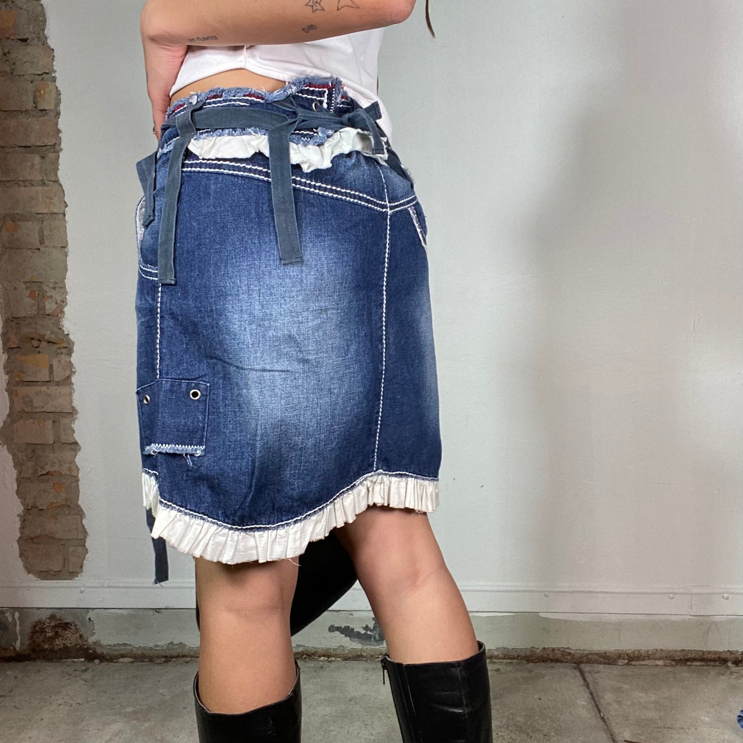 Vintage 2000's Downtown Girl Denim Mini Skirt with White Ruffle Trim (S)