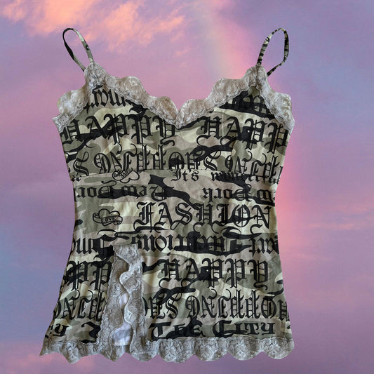 Vintage 90's Grunge Camo Cami Top with Goth Writing (M)