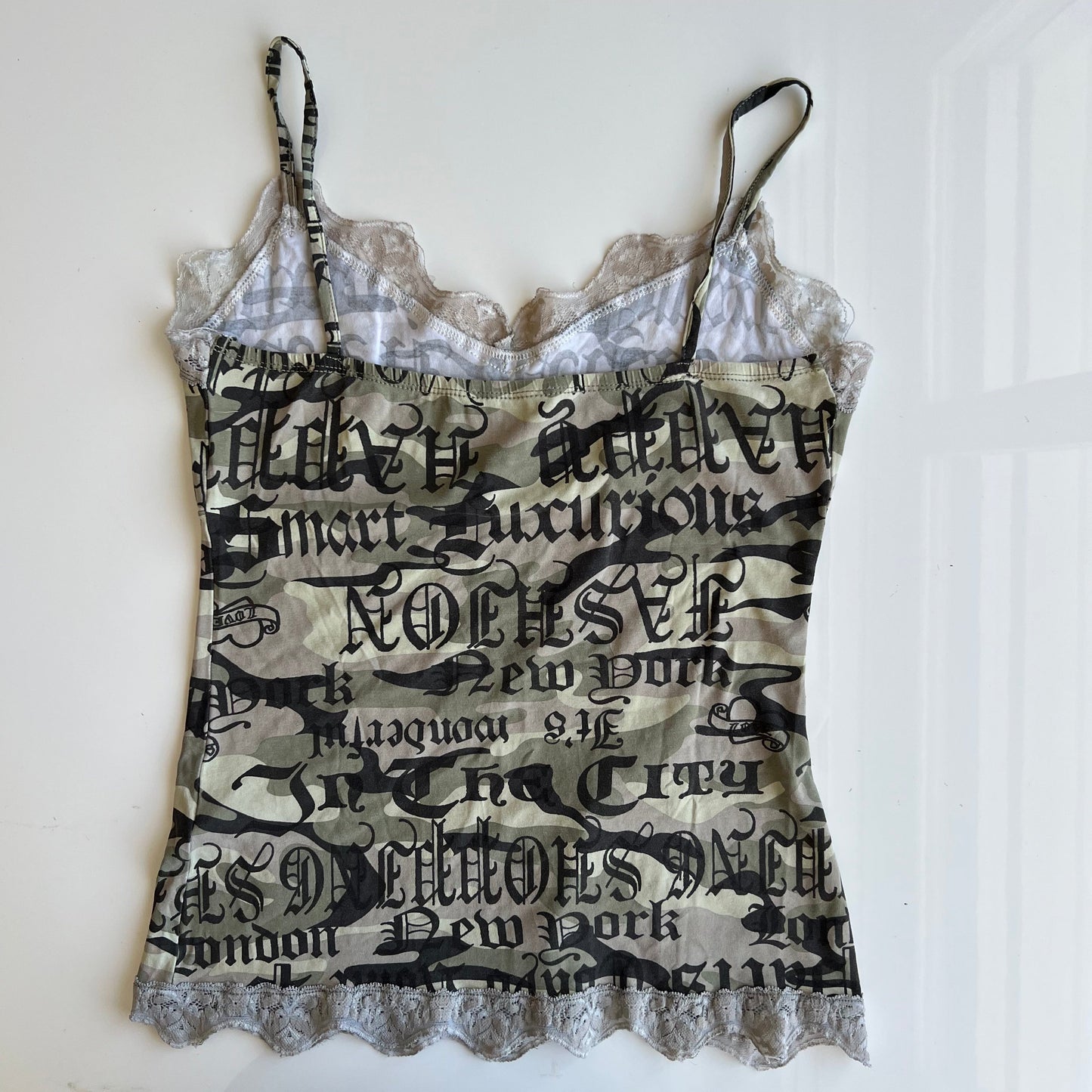 Vintage 90's Grunge Camo Cami Top with Goth Writing (M)