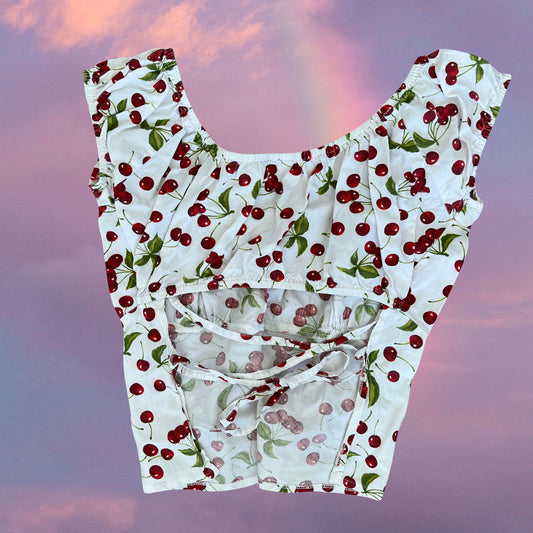 Vintage 90's White Backless Milkmaid Top with Cherry Print (S/M)