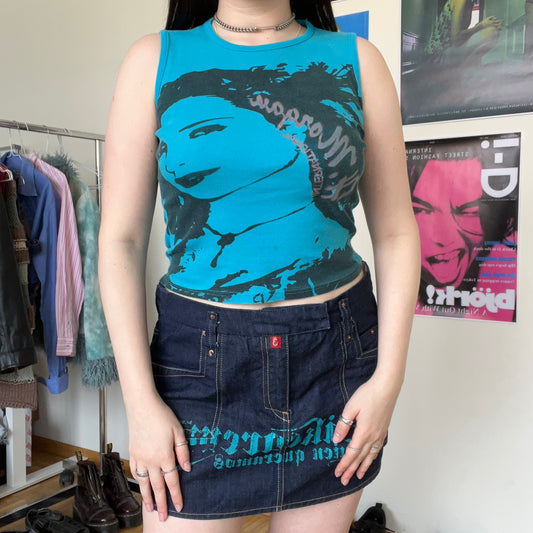 Vintage Y2K Blue Denim Mini Skirt with Graffiti Detail (38 EU - 40 EU / UK 10 - 12 / US 6-8)