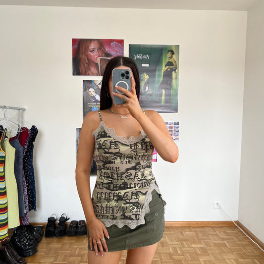 Vintage 90's Grunge Camo Cami Top with Goth Writing (M)