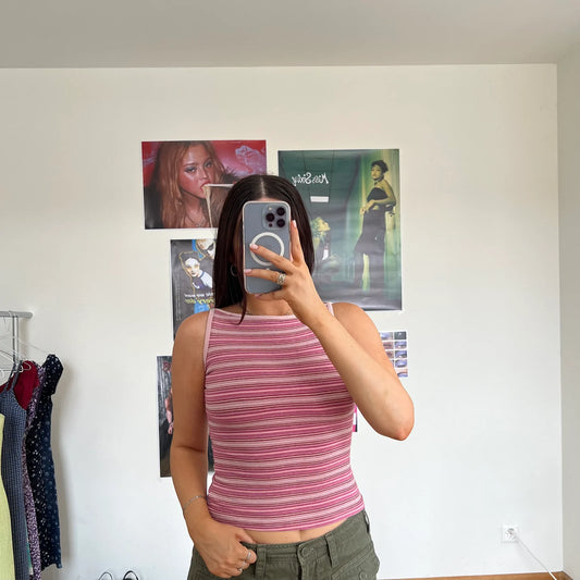 Vintage 90's Sporty Purple Striped High Neck Tank Top (XS)