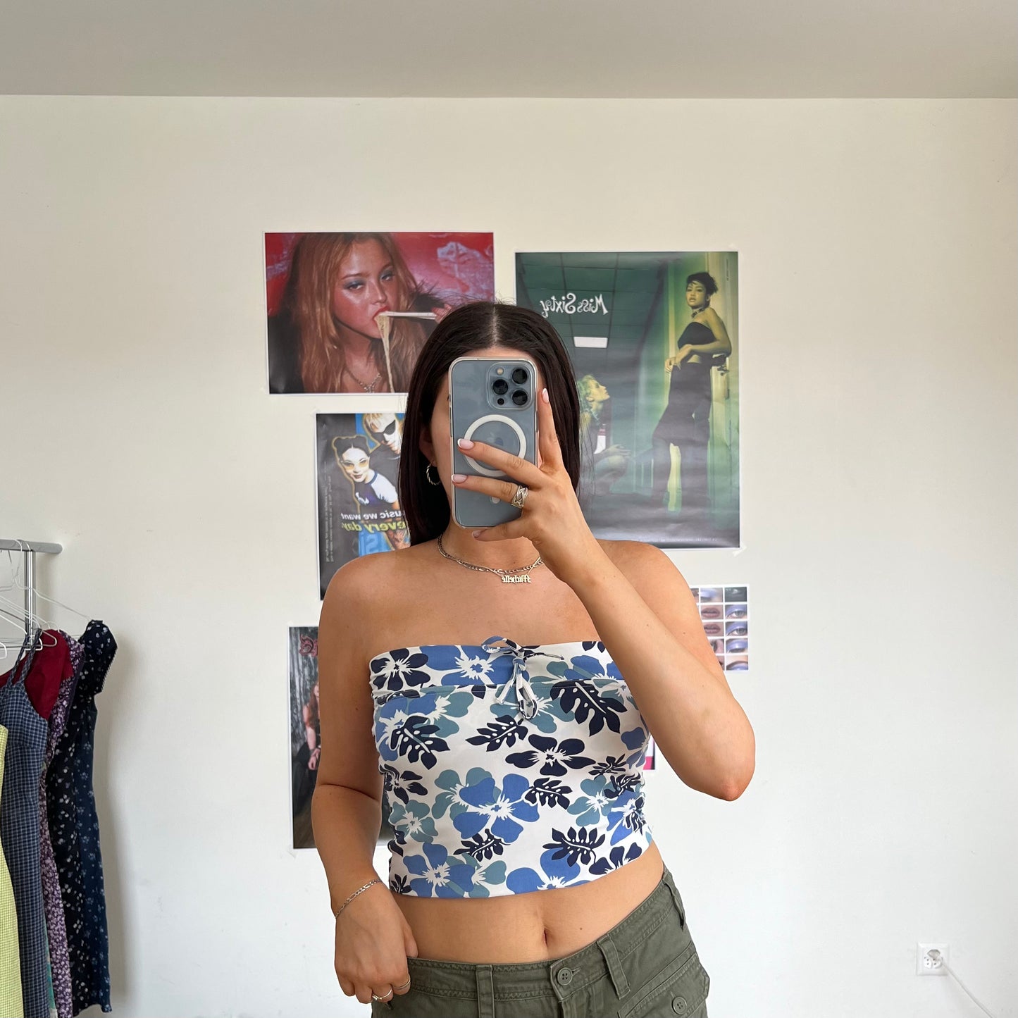 Vintage 90's Summer Hibiscus Blue and White Strapless Top (S)