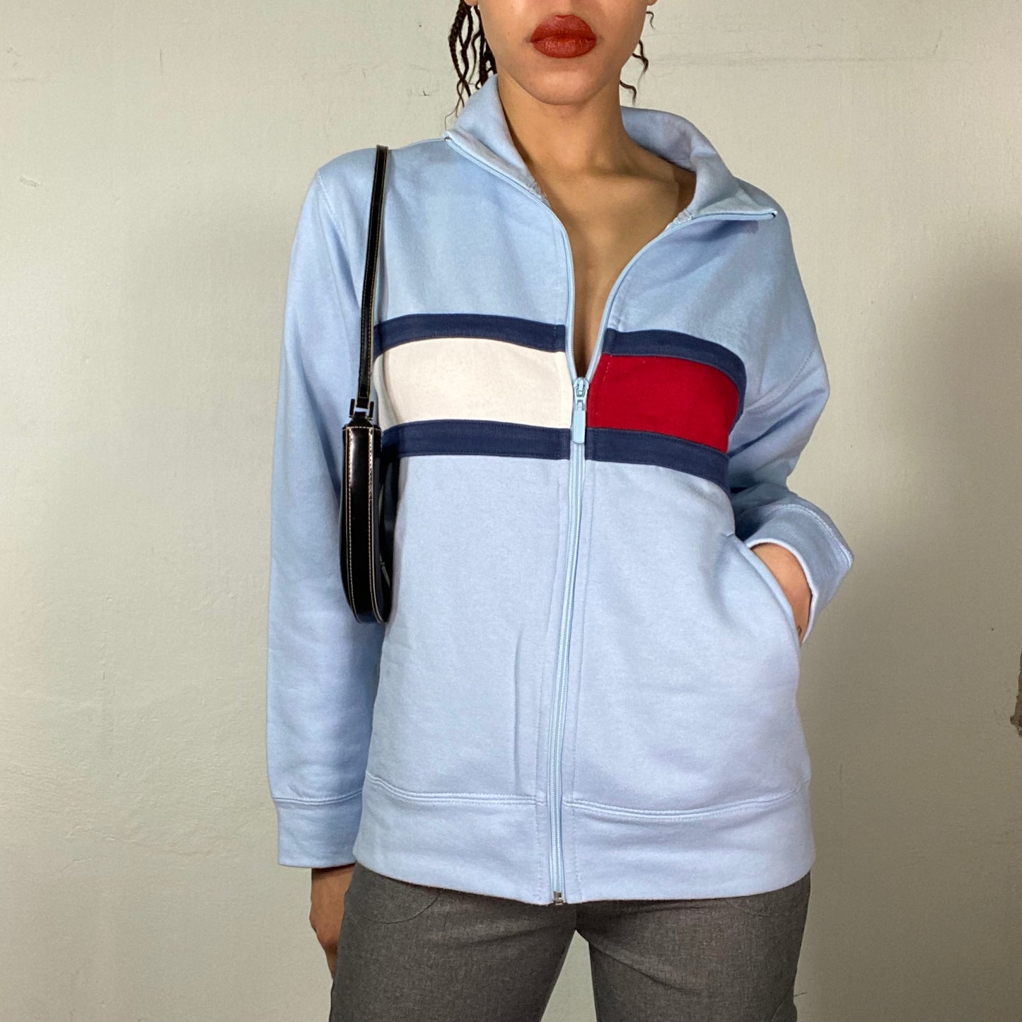 Vintage 90's Tommy Hilfiger Baby Blue Zip Up Sweater (M)