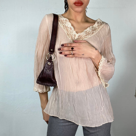 Vintage 2000's Fairy beige Mesh Blouse with Lace Trim (M)