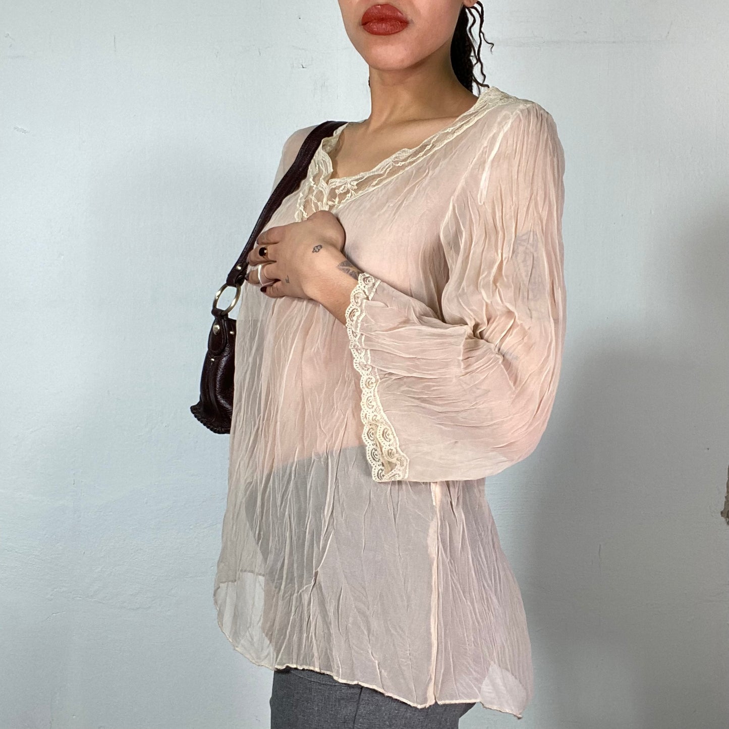 Vintage 2000's Fairy beige Mesh Blouse with Lace Trim (M)