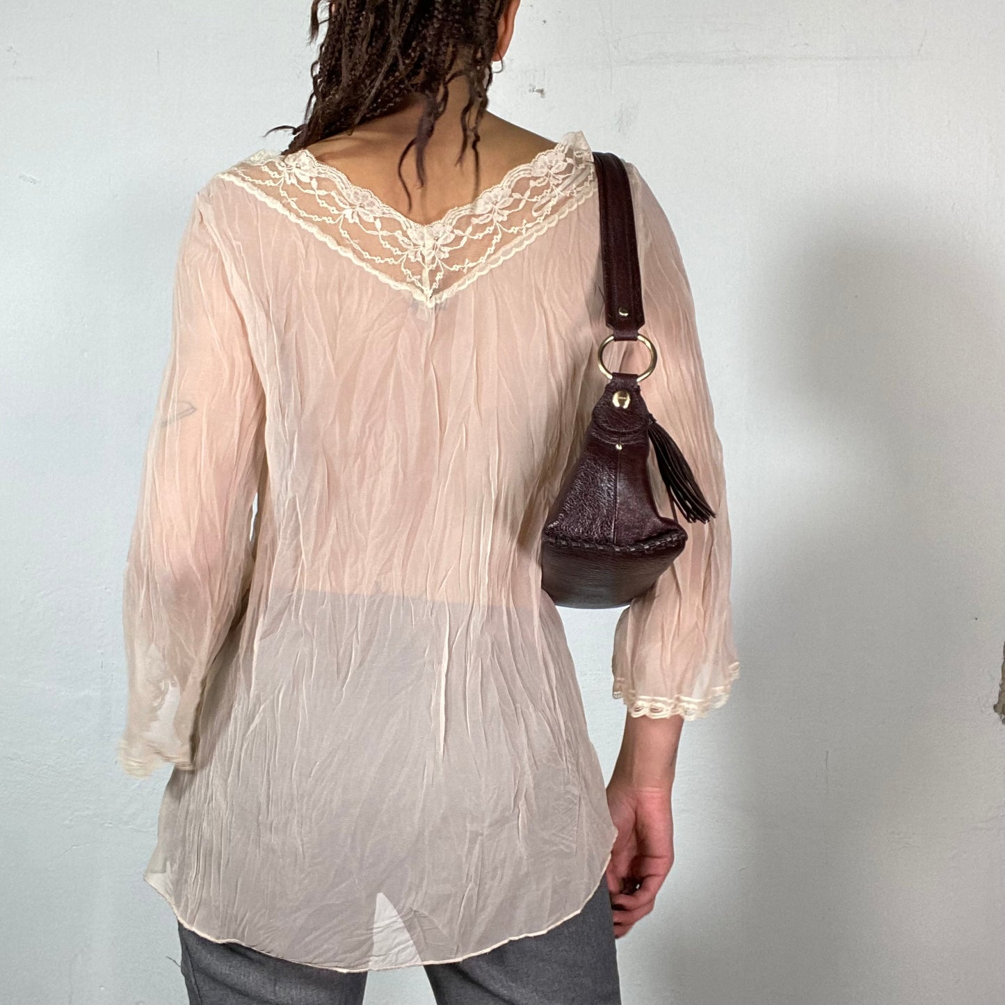 Vintage 2000's Fairy beige Mesh Blouse with Lace Trim (M)