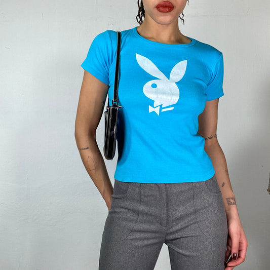 Vintage 90's Playboy Blue Baby Tee with Logo Print (S)