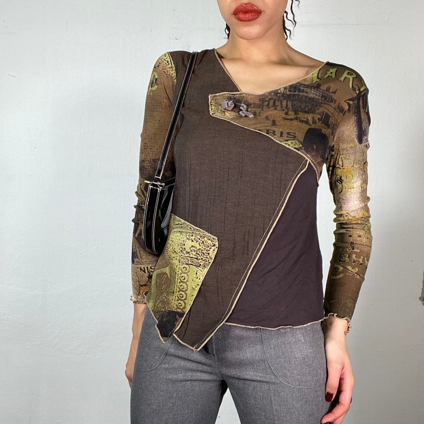 Vintage 2000's Grunge Brown and Green Patchwork Asymmetrical Logsleeve Top (S/M)