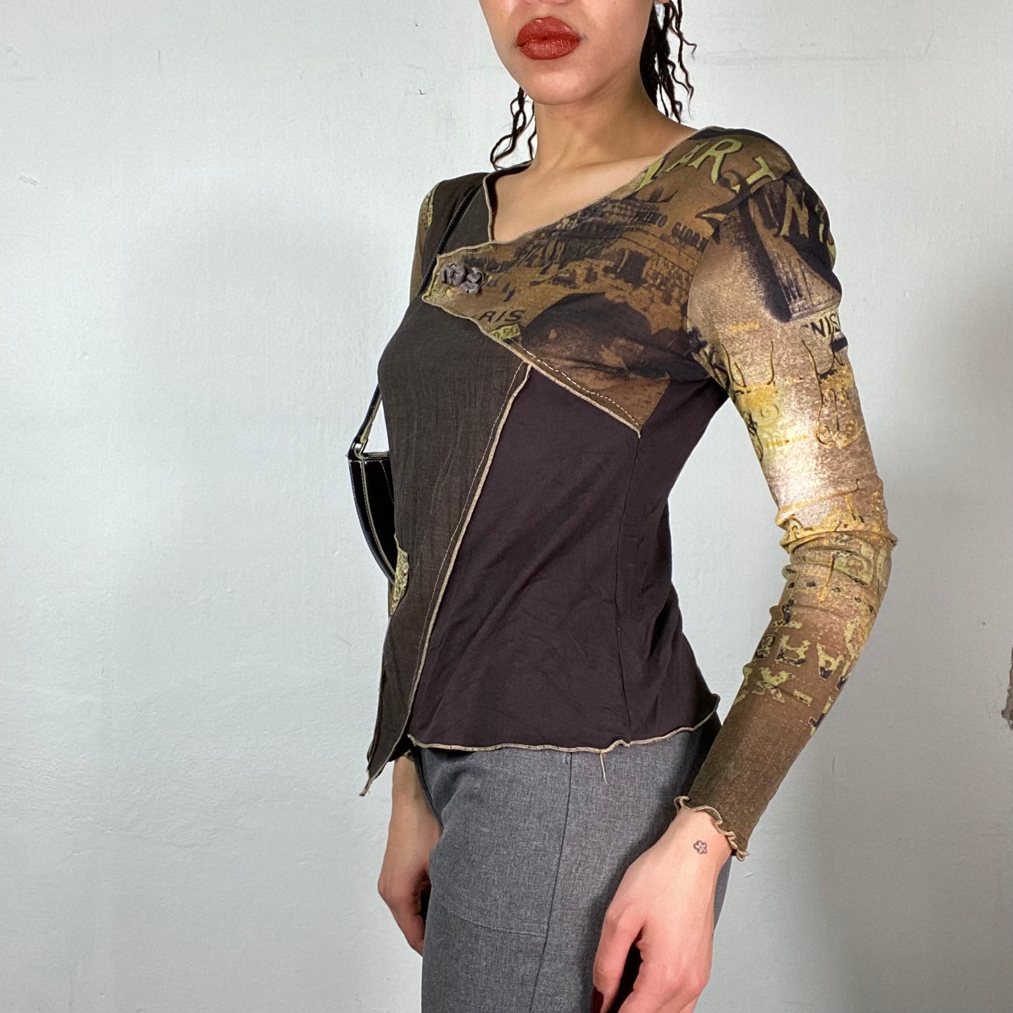 Vintage 2000's Grunge Brown and Green Patchwork Asymmetrical Logsleeve Top (S/M)